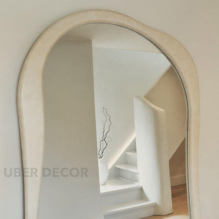 Claribel Wavy Ivory Teak Floor Mirror – Sculptural Full-Length Statement Piece