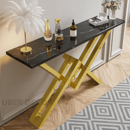 Vervara Mid-Century Modern Console Table – Customizable Marble or Glass Top with Sculptural Gold Base for Hallway or Living Room