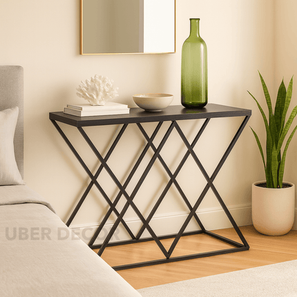 Nexa Noir Mid-Century Modern Display Table – Matte Black Frame with Geometric Crisscross Base for Hallway or Living Room
