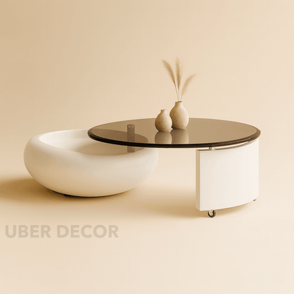 Cooper’s Creek Coffee Table Set, Modern Futuristic Glass and Glossy White Pod Center Tables for Living Room