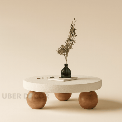 Salween Mid Century Modern Japandi Coffee Table Scandinavian Round Center Table with Sculptural Sphere Legs Custom Made to Order for Living Room