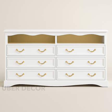 Belmont Luxe 6-Drawer French Country Cabinet – Elegant Solid Wood with White Polish & Gold Handles, Custom Color Options for Bedroom, Living Room & Entryway