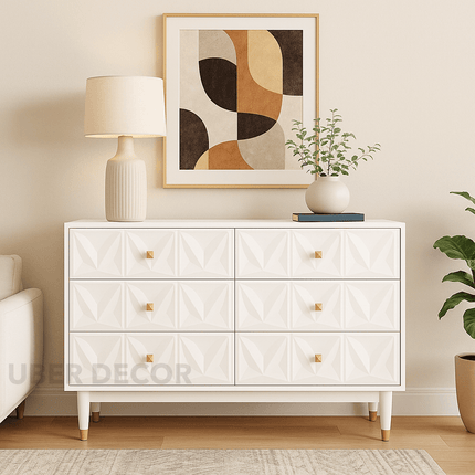 Sierra Luxe 6-Drawer Mid-Century Modern White Geometric Cabinet with Gold Accents & Tapered Legs for Bedroom, Living Room & Entryway