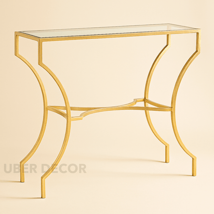 Aurion Display Table – Elegant Glass Top with Sculptural Gold Metal Base for Hallways, Entryways & Living Rooms