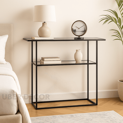 Slate Verge Industrial Chic Console Table – Clear Tempered Glass Top with Slim Matte Metal Frame for Entryway or Hallway