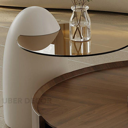 Mekong Natura Round Coffee Table & Penguin 3C Glass Side Table Set – Solid Wood with Reinforced Glass Top – Elegant Duo for Indoor Living Spaces