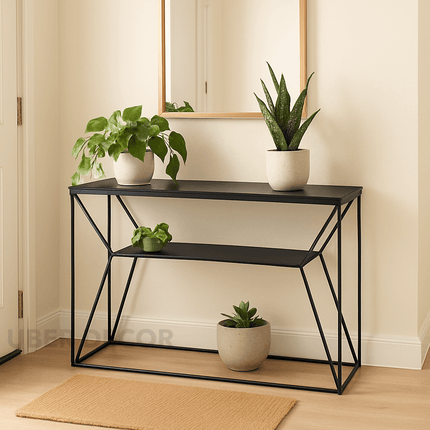 Zenella Modern Mid‑Century Console Table – Customizable Wood Top with Geometric Iron Base for Hallway or Living Room