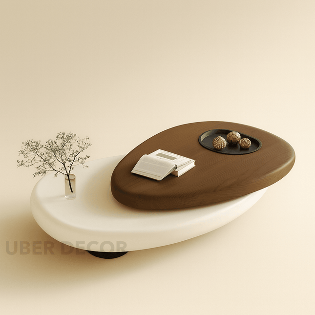 Songhua Contemporary Mid Century Japandi Coffee Table – Organic Two Tone Sculptural Design with Solid Wood Top and Inset Tray – Modern Centerpiece for Living Room