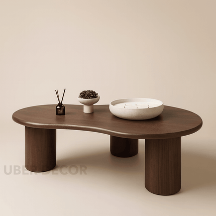 Amur Organic Mid Century Japandi Freeform Coffee Table – Solid Wood Top with Cylindrical Legs, Natural Matte Finish – Sculptural Centerpiece for Living Room