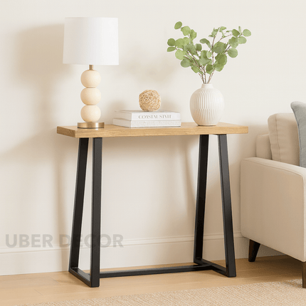 Terra Beam Display Table – Natural Wood Top & Black Metal Angled Base for Entryway & Living Spaces
