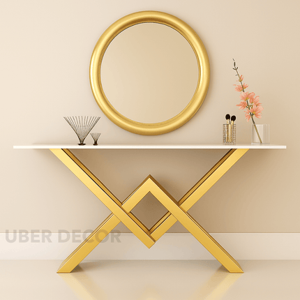 Vervara Mid-Century Modern Console Table – Customizable Marble or Glass Top with Sculptural Gold Base for Hallway or Living Room