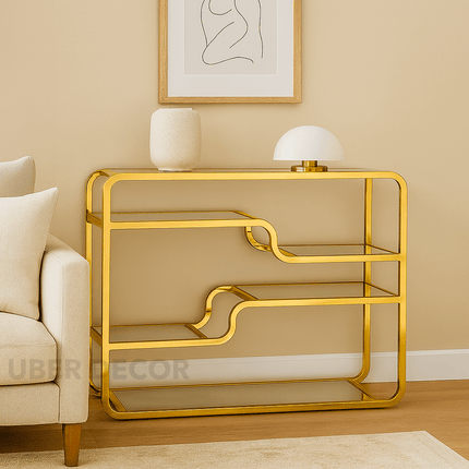 Solstice Wave Console Table – Glass-Top Entryway Console with Gold Finish Base for Living Room