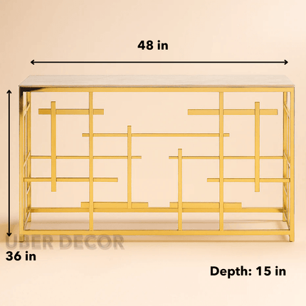 Radiant Lines Mid-Century Modern Display Table – Marble Top with Gold Metal Base for Entryway or Living Room
