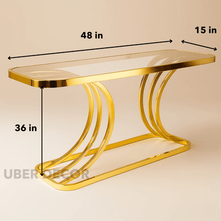 Arcadian Flow Modern Art Deco Display Table – Clear Tempered Glass Top with Curved Gold Base for Hallway or Living Room