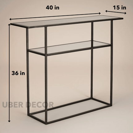Slate Verge Industrial Chic Console Table – Clear Tempered Glass Top with Slim Matte Metal Frame for Entryway or Hallway