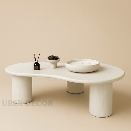 Amur Organic Mid Century Japandi Freeform Coffee Table – Solid Wood Top with Cylindrical Legs, Natural Matte Finish – Sculptural Centerpiece for Living Room