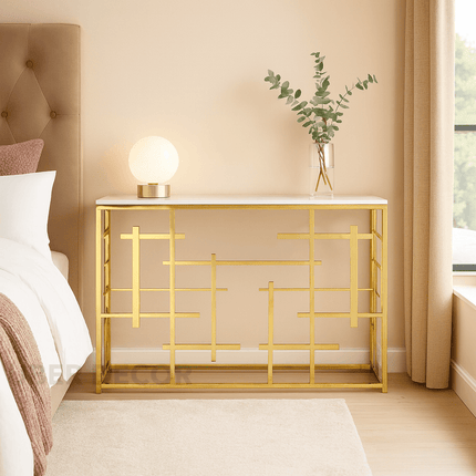 Radiant Lines Mid-Century Modern Display Table – Marble Top with Gold Metal Base for Entryway or Living Room