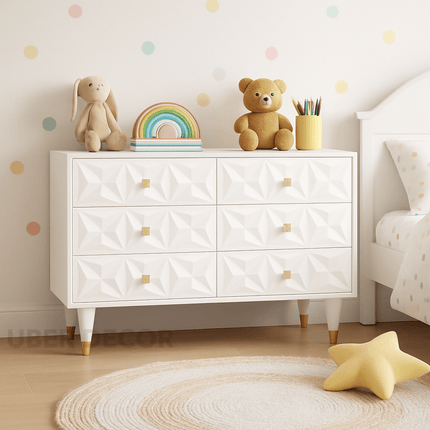 Sierra Luxe 6-Drawer Mid-Century Modern White Geometric Cabinet with Gold Accents & Tapered Legs for Bedroom, Living Room & Entryway