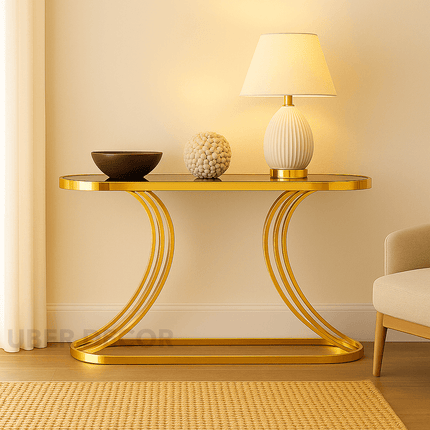 Arcadian Flow Modern Art Deco Display Table – Clear Tempered Glass Top with Curved Gold Base for Hallway or Living Room