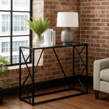 Vanta Grid Display Table – Customizable Top with Black Metal Geometric Base for Entryway & Living Spaces