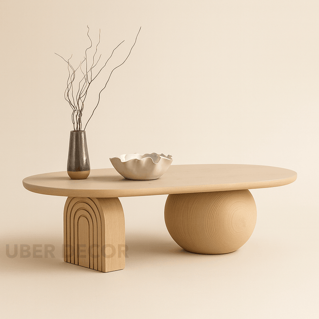 Magdalena Sculptural Mid Century Japandi Coffee Table – Organic Round Wooden Top with Sphere and Arched Block Legs – Artistic Designer Centerpiece for Living Room