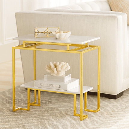 Avessa Luxe Tiered Console Table – Modern Minimalist White Marble Console with Gold Frame for Hallway or Living Room Decor