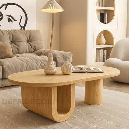 Jordan Shiro Japanese Minimalist Oval Coffee Table – White MDF Top with Solid Wood Legs, Matte Finish – Integrated Storage Shelf – Ideal for Living Room and Bedroom