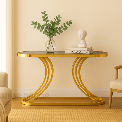 Arcadian Flow Modern Art Deco Display Table – Clear Tempered Glass Top with Curved Gold Base for Hallway or Living Room