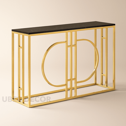 Helio Spectrum Mid-Century Modern Display Table – Customizable Marble Top with Sculptural Gold Base for Hallway or Living Room