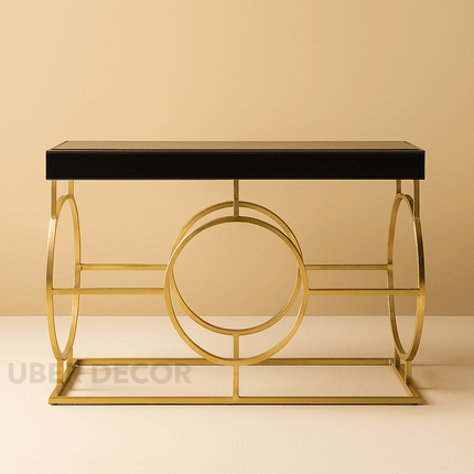 Obsidian Halo Display Table – Black Glass Top with Gold Ring‑Frame Base for Hallway, Entryway & Living Room