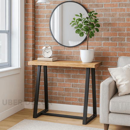 Terra Beam Display Table – Natural Wood Top & Black Metal Angled Base for Entryway & Living Spaces