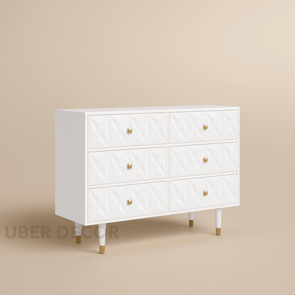 Sierra Luxe 6-Drawer Mid-Century Modern White Geometric Cabinet with Gold Accents & Tapered Legs for Bedroom, Living Room & Entryway
