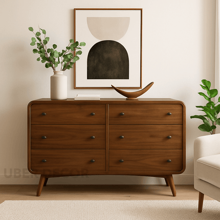 Milo Curve Mid Century Modern Solid Wood Chest of Drawers – Rounded Corners, Customizable Finish – Ideal for Bedroom, Living Room & Entryway