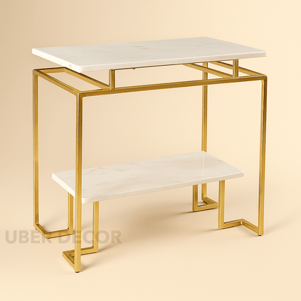 Avessa Luxe Tiered Console Table – Modern Minimalist White Marble Console with Gold Frame for Hallway or Living Room Decor