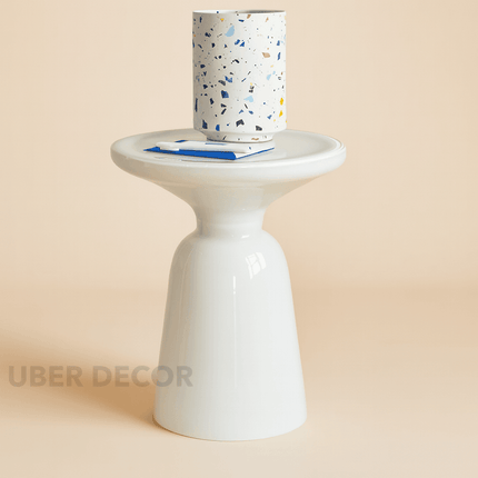 The Aurea Ceramic End Table – Glossy White Modern Accent Table for Living Room, Balcony, Patio, or Bedroom