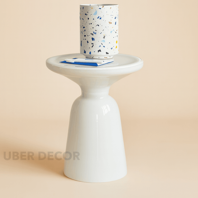 The Aurea Ceramic End Table – Glossy White Modern Accent Table for Living Room, Balcony, Patio, or Bedroom