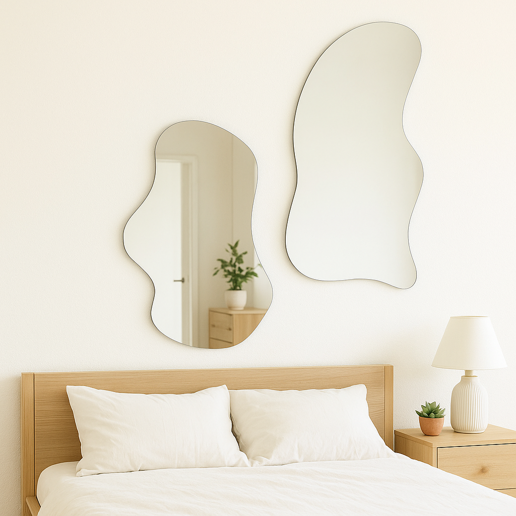 Wavy Elegance Set of 2 Frameless Asymmetric Mirrors- Unique Wavy Aesthetic Decorative Mirror for Living Room