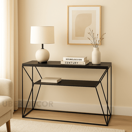 Zenella Modern Mid‑Century Console Table – Customizable Wood Top with Geometric Iron Base for Hallway or Living Room