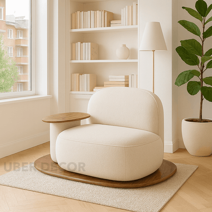 Orbitra Lounge Chair Minimalist Modern Accent with Sculptural Platform Base and Functional Surface Statement Seating for Living Room and Bedroom Interiors