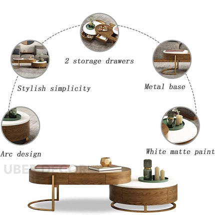 Churchill River Coffee Table with Storage, Modern European Wood and White Functional Center Table with Gold Accents for Living Room