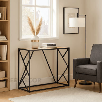 Vanta Grid Display Table – Customizable Top with Black Metal Geometric Base for Entryway & Living Spaces