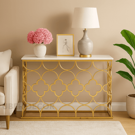 Maison Marque Designer Console Table – Moroccan-Inspired Gold Mirror Console for Luxe Hallways & Living Spaces
