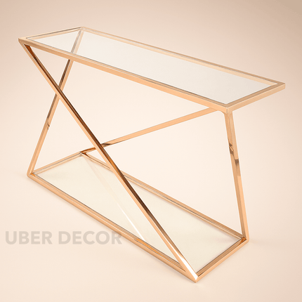 Velmara Luxe Modern Console Table – Dual Glass Shelves with Sculptural Rose Gold Geometric Frame for Hallway or Living Room