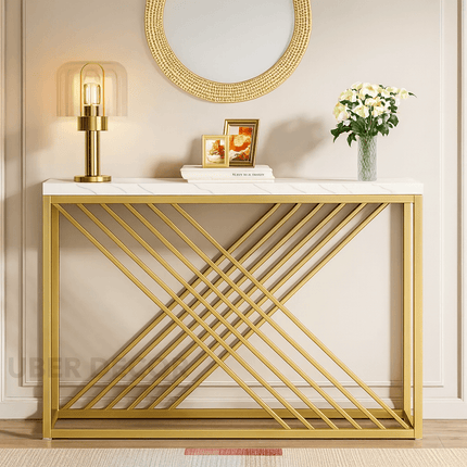 Sovana Luxe Marble Console Table – Custom White or Black Marble Top, Modern French Art Deco Gold Base for Hallways & Lounges