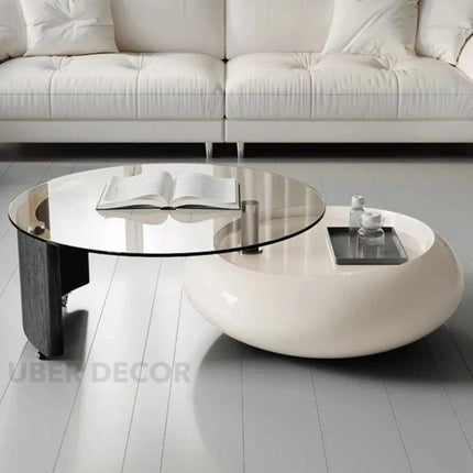 Cooper’s Creek Coffee Table Set, Modern Futuristic Glass and Glossy White Pod Center Tables for Living Room