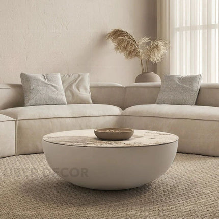 Hooghly Coffee Table, Minimalist Modern Japandi Round Seamless Matte White Low Profile Center Table for Living Room