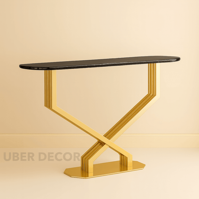 Astra Crossline Side or Console Table – Custom Black or White Marble Top with Gold X‑Frame Mid‑Century Glam For Hallway & Entryway