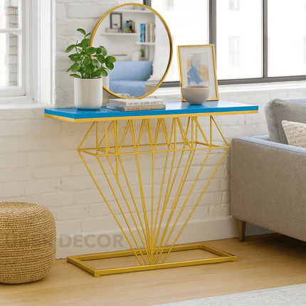 Auric Prism Display Table – Customizable Wooden Top with Sculptural Gold Geometric Base for Entryway & Hallway