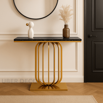 Etoile Crest Console – French Deco Marble Console Table with Luxe Pedestal Base for Hallway Glamour