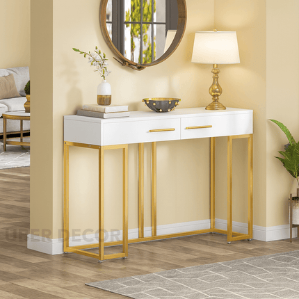 Montereau Luxe Modern Console Table – White Gloss Drawer Console with Gold Linear Base for Hallway & Living Room Elegance
